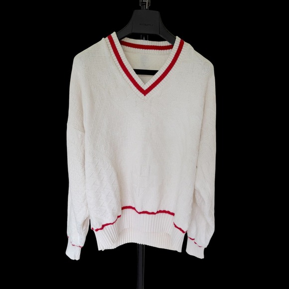 American Vintage Other - Vintage 80's V-Neck Cotton Knit Sweater Cream Red Stripe Varsity Made in USA XL
